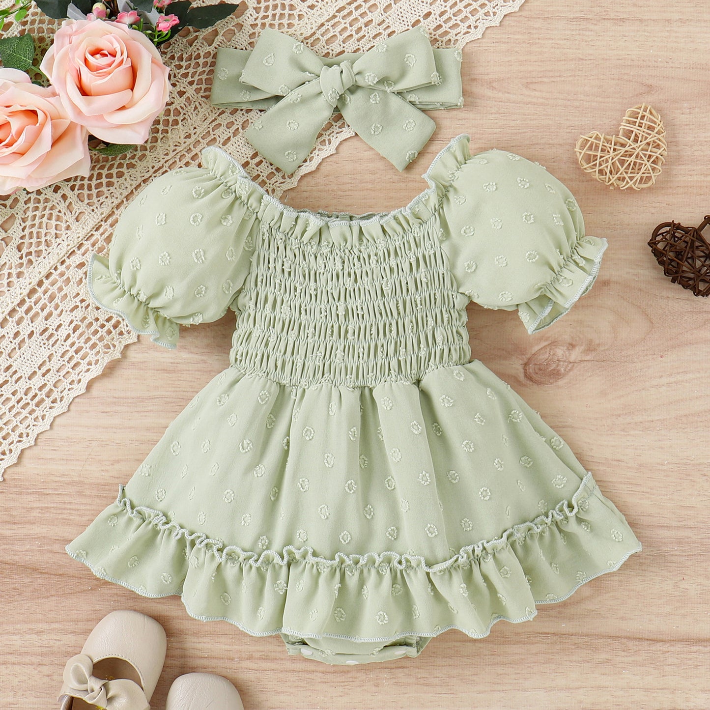 Three-color Jacquard Skirt Cute Puff Sleeve One-piece Rompers Jumpsuit With Headscarf