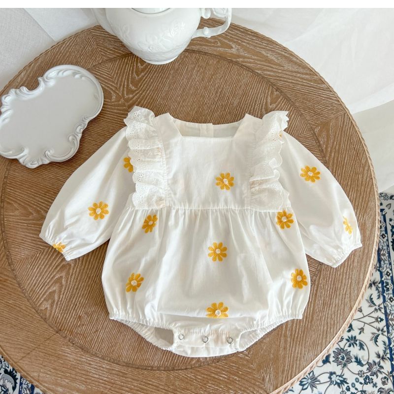 Sweet Daisies Embroidery Rompers Long Sleeve Onesie