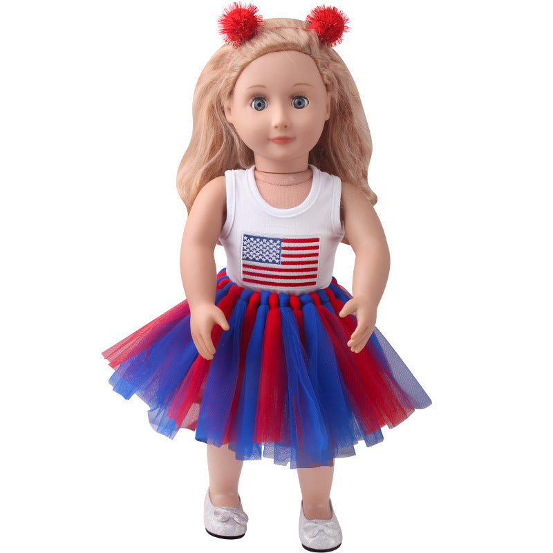 18-inch American Girl Doll Clothes Printed Short Sleeve Handmade Veil Skirt Hair Ball Hair Hoop