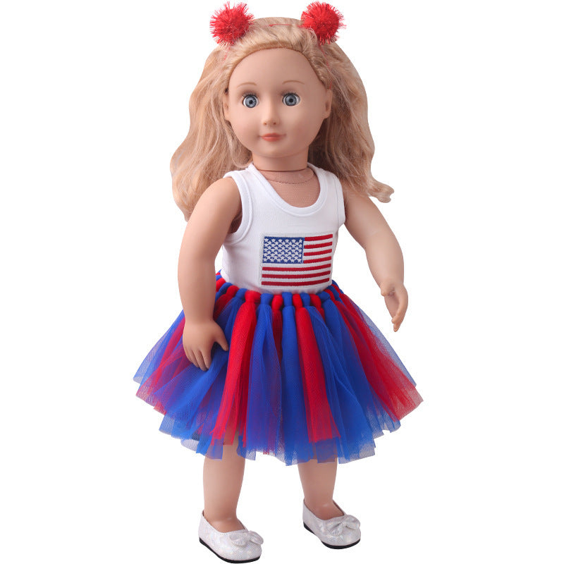 18-inch American Girl Doll Clothes Printed Short Sleeve Handmade Veil Skirt Hair Ball Hair Hoop