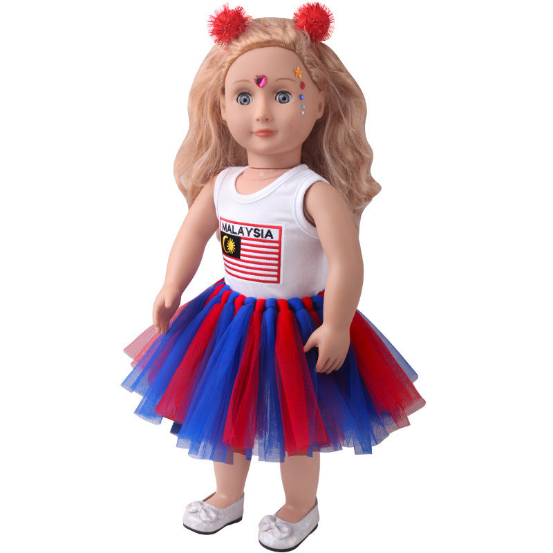 18-inch American Girl Doll Clothes Printed Short Sleeve Handmade Veil Skirt Hair Ball Hair Hoop