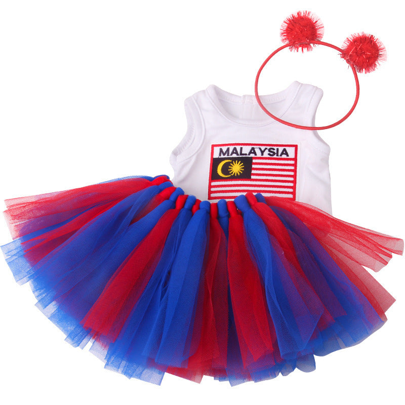 18-inch American Girl Doll Clothes Printed Short Sleeve Handmade Veil Skirt Hair Ball Hair Hoop