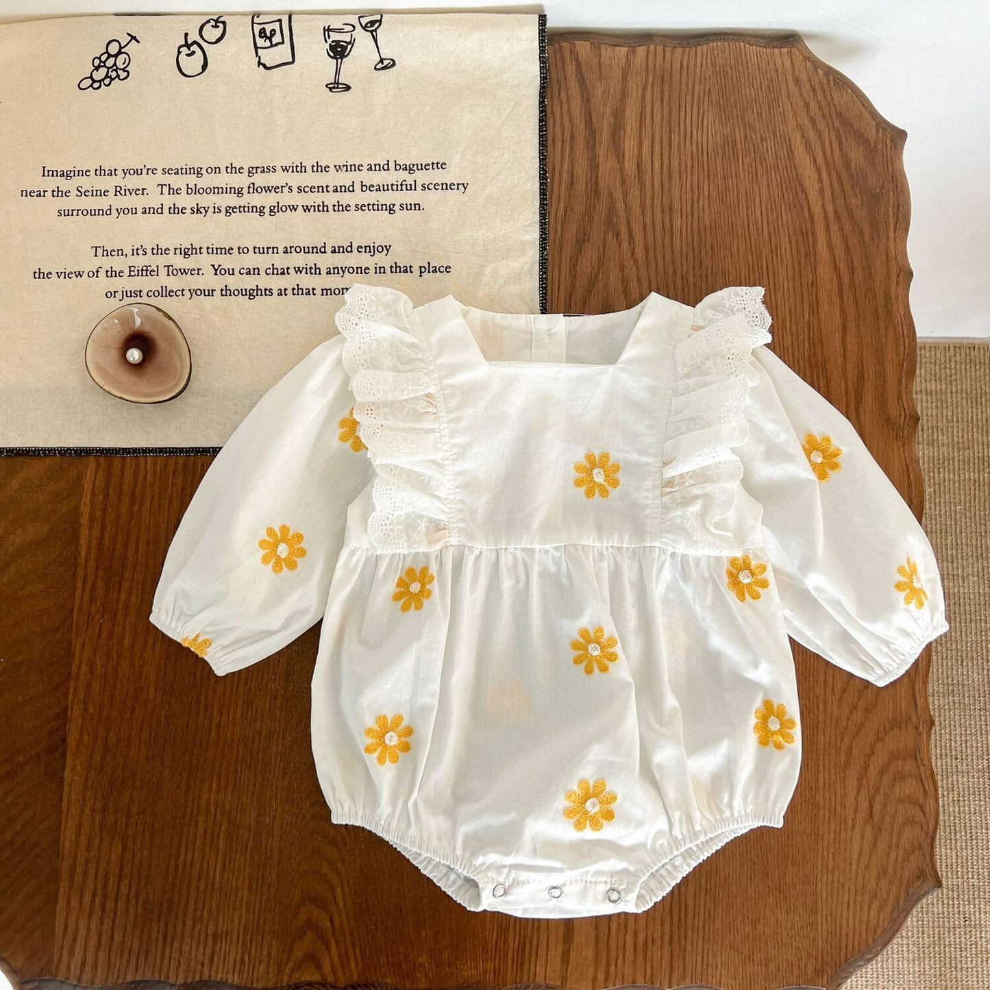 Sweet Daisies Embroidery Rompers Long Sleeve Onesie