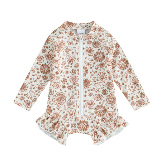 Girls' New Printing Long Sleeve One-piece Swimsuit