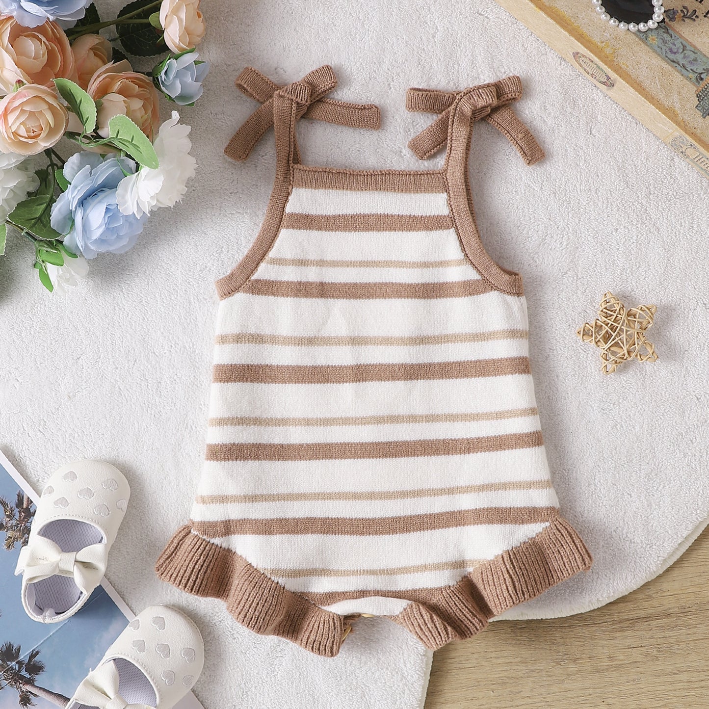 Infant Spring And Autumn Cute Stripes Easy Matching Sling Bow Jumpsuit