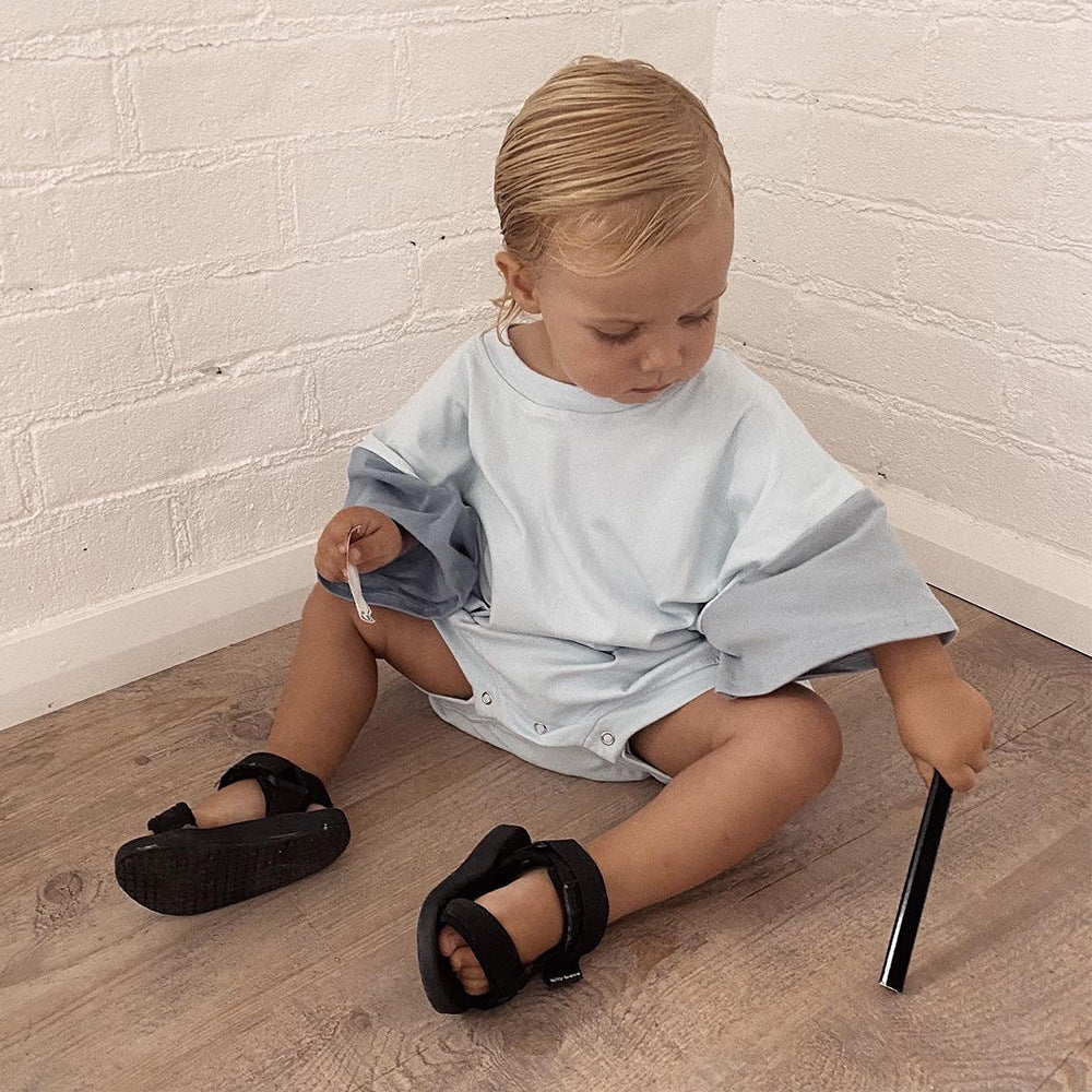 Baby Boy Solid Color Stitching Triangle Short-sleeved Jumpsuit