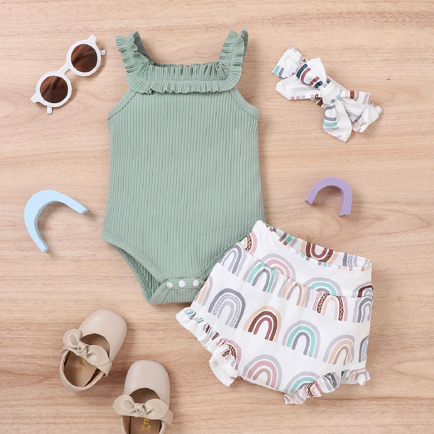 Girls' Vest Onesie Shorts Three-piece Set