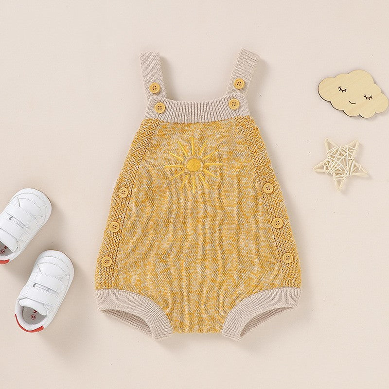 Ins Hot Fall New Baby Sunflower Embroidered Straps Knitted Jumpsuit
