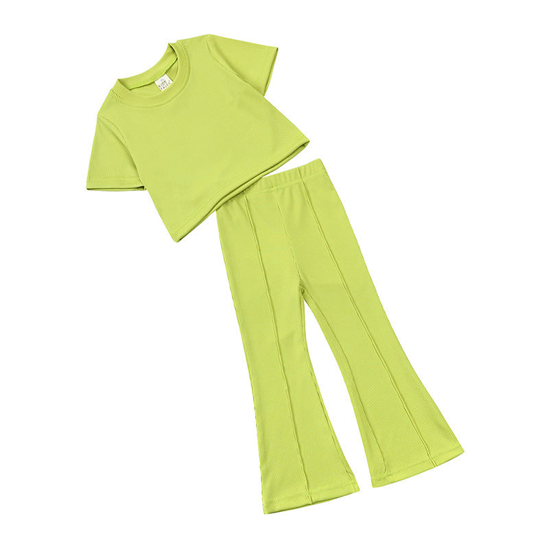 Girls' Short-sleeved Shirt Bell-bottom Pants Two-piece Set