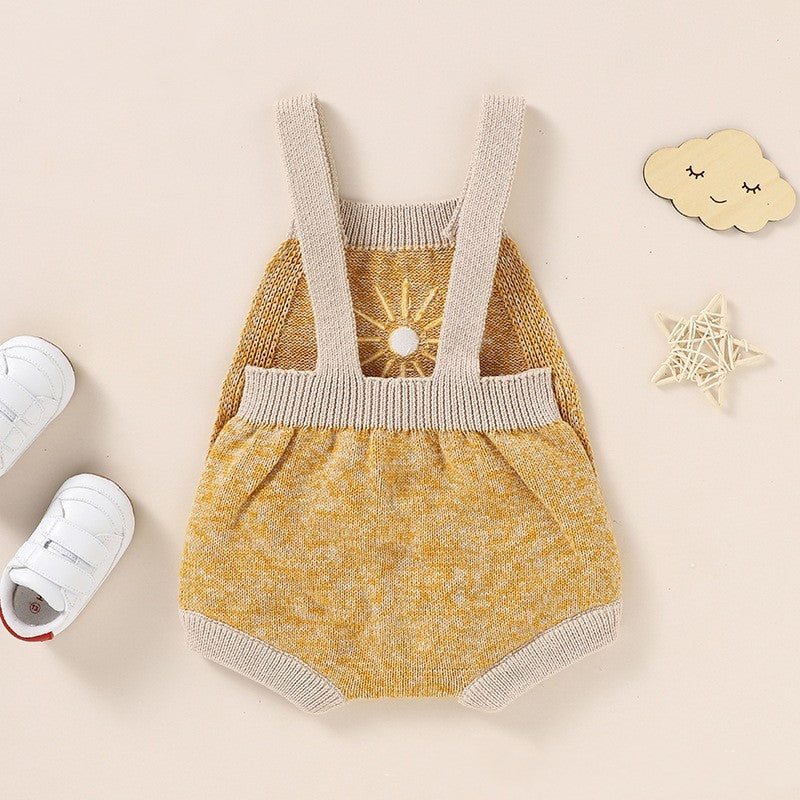 Ins Hot Fall New Baby Sunflower Embroidered Straps Knitted Jumpsuit