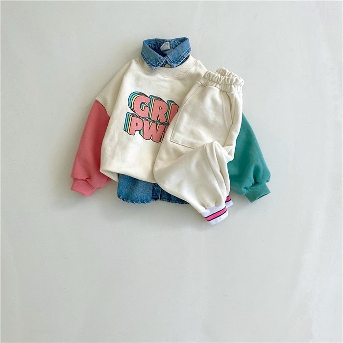Color Contrast Sleeves Letter Sweater Color Block Pants