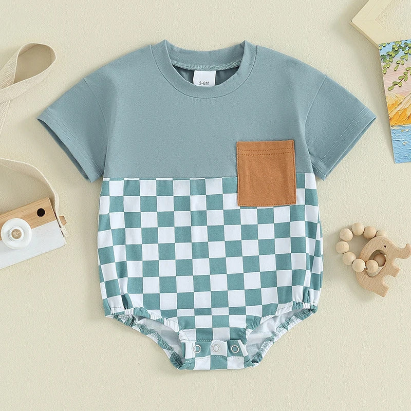 Baby Summer Jumpsuit Waffle Patchwork Pocket Short Sleeve