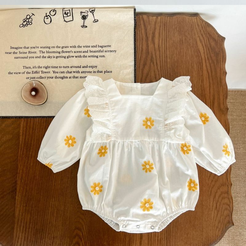Sweet Daisies Embroidery Rompers Long Sleeve Onesie