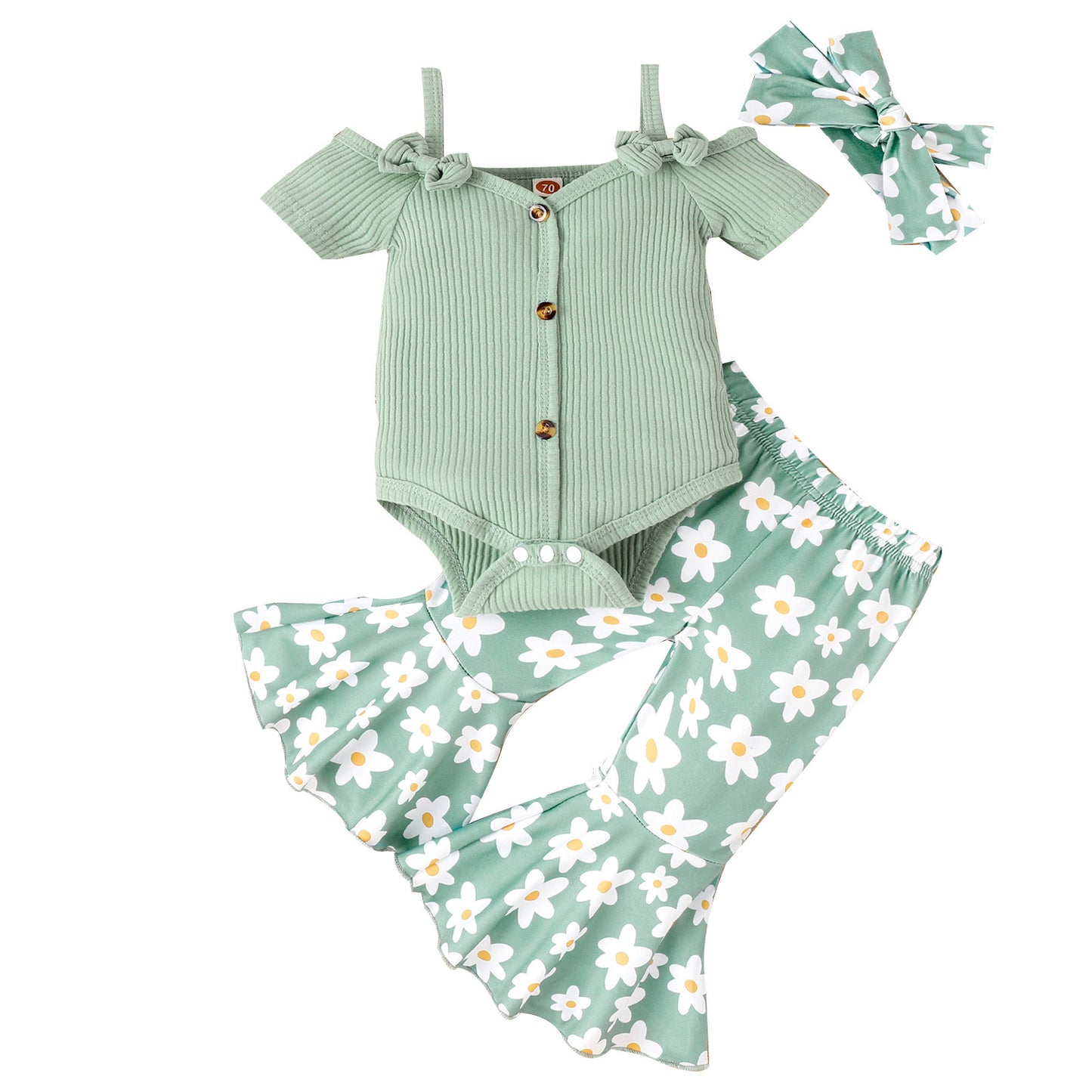 Girls' Short-sleeved Shirt Bell-bottom Pants Three-piece Set