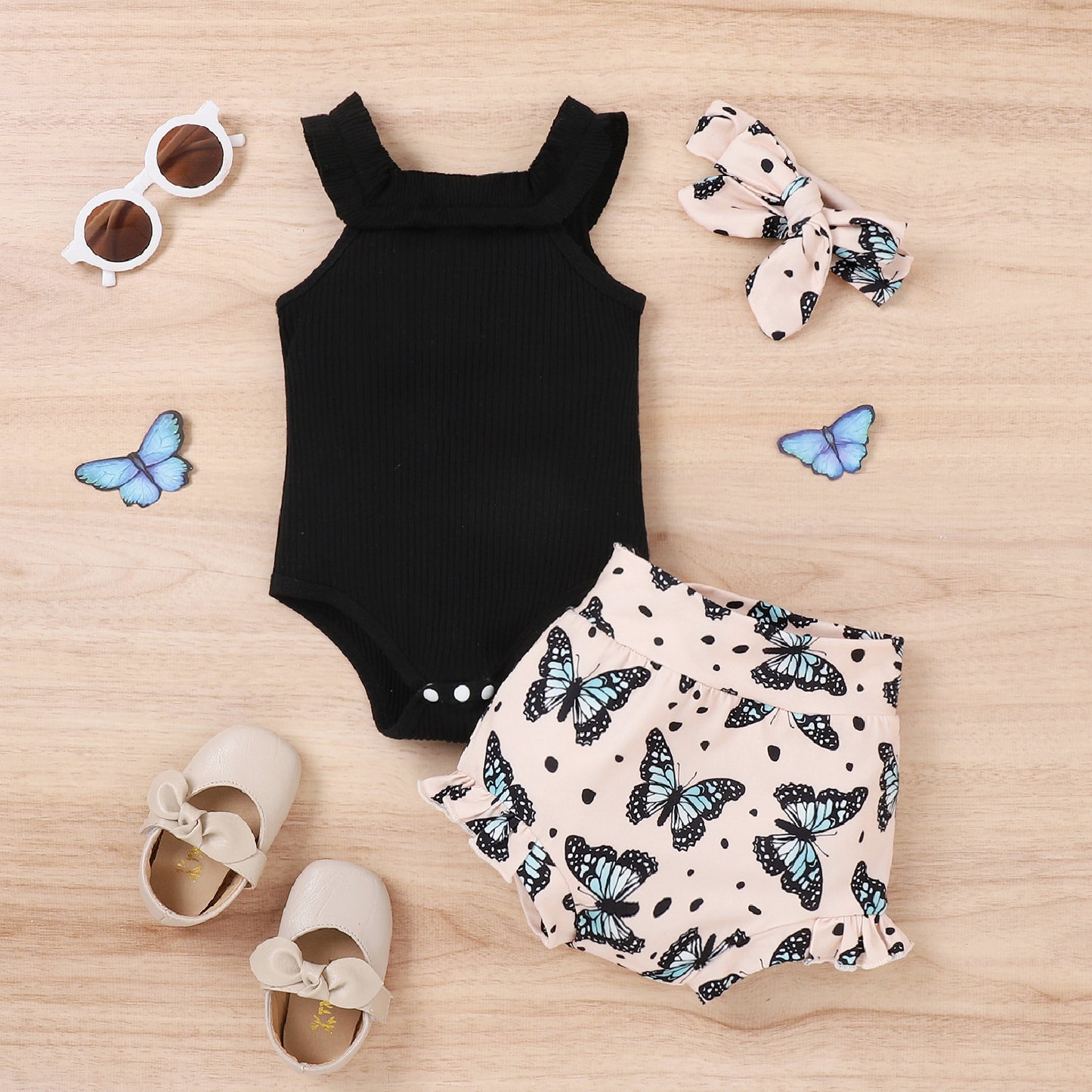 Girls' Vest Onesie Shorts Three-piece Set