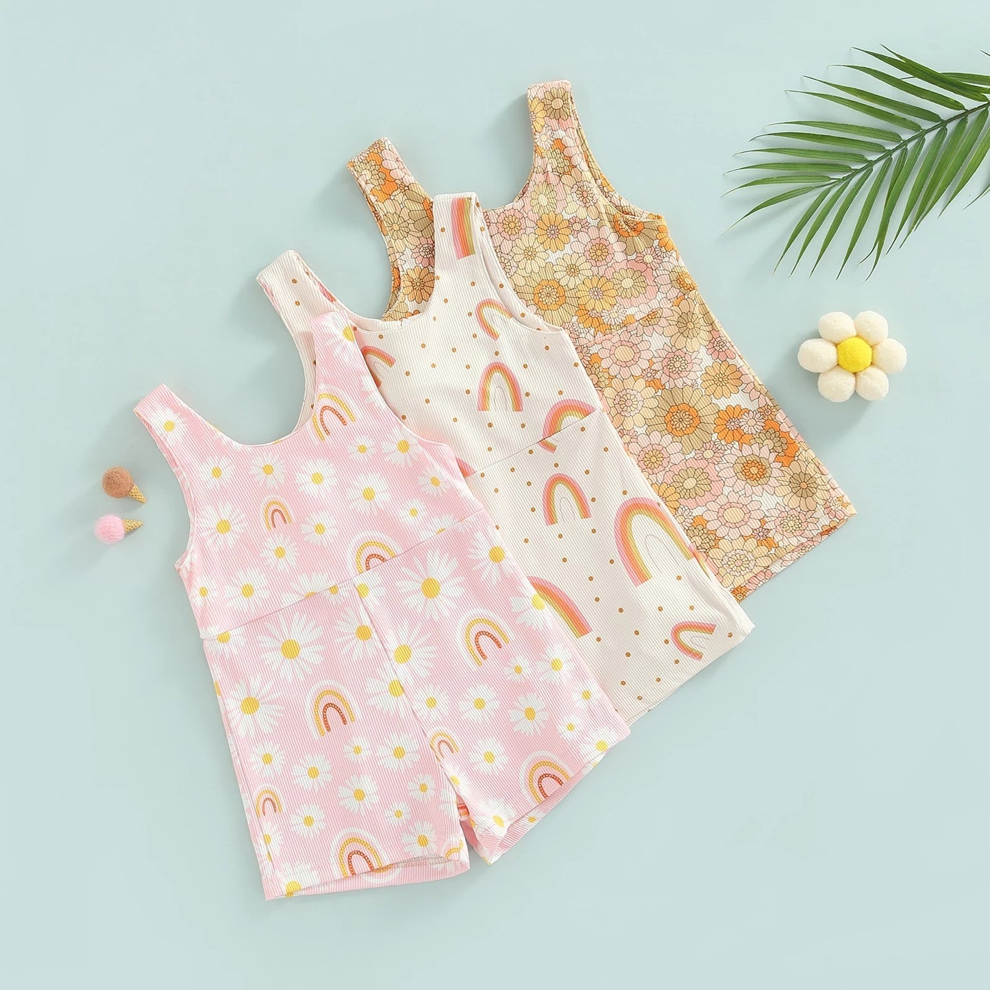 Strap Zipper Rainbow Sunken Stripe Flower Jumpsuit Romper