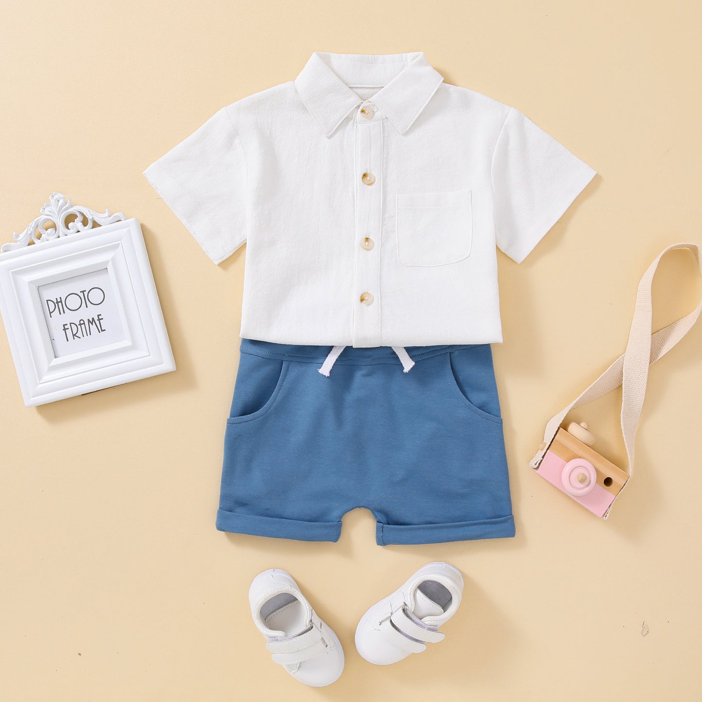 Boy's Short-sleeved Shirt Top Solid Color Shorts Two-piece Suit