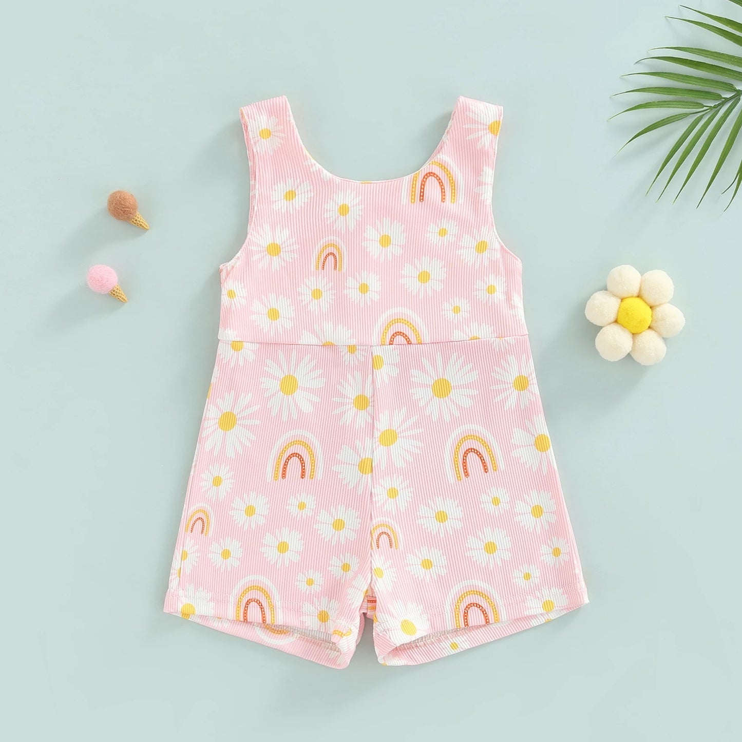 Strap Zipper Rainbow Sunken Stripe Flower Jumpsuit Romper