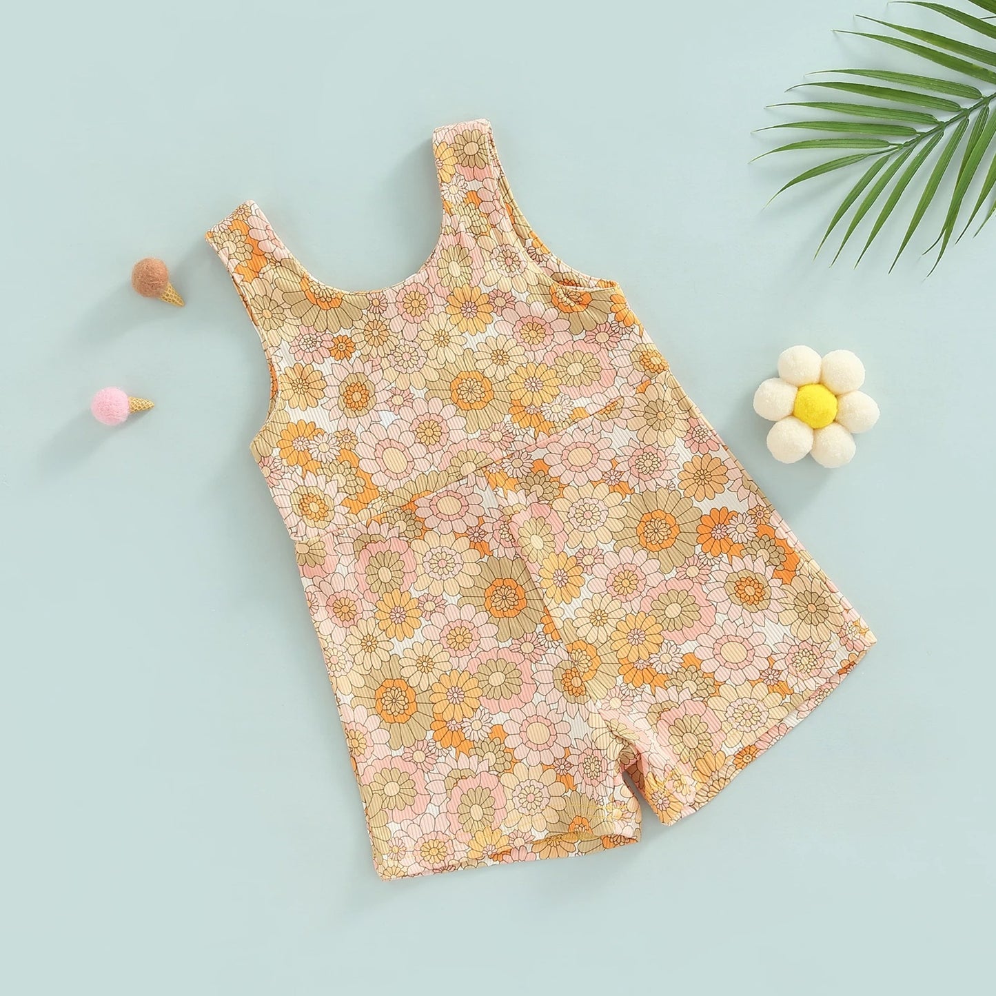 Strap Zipper Rainbow Sunken Stripe Flower Jumpsuit Romper