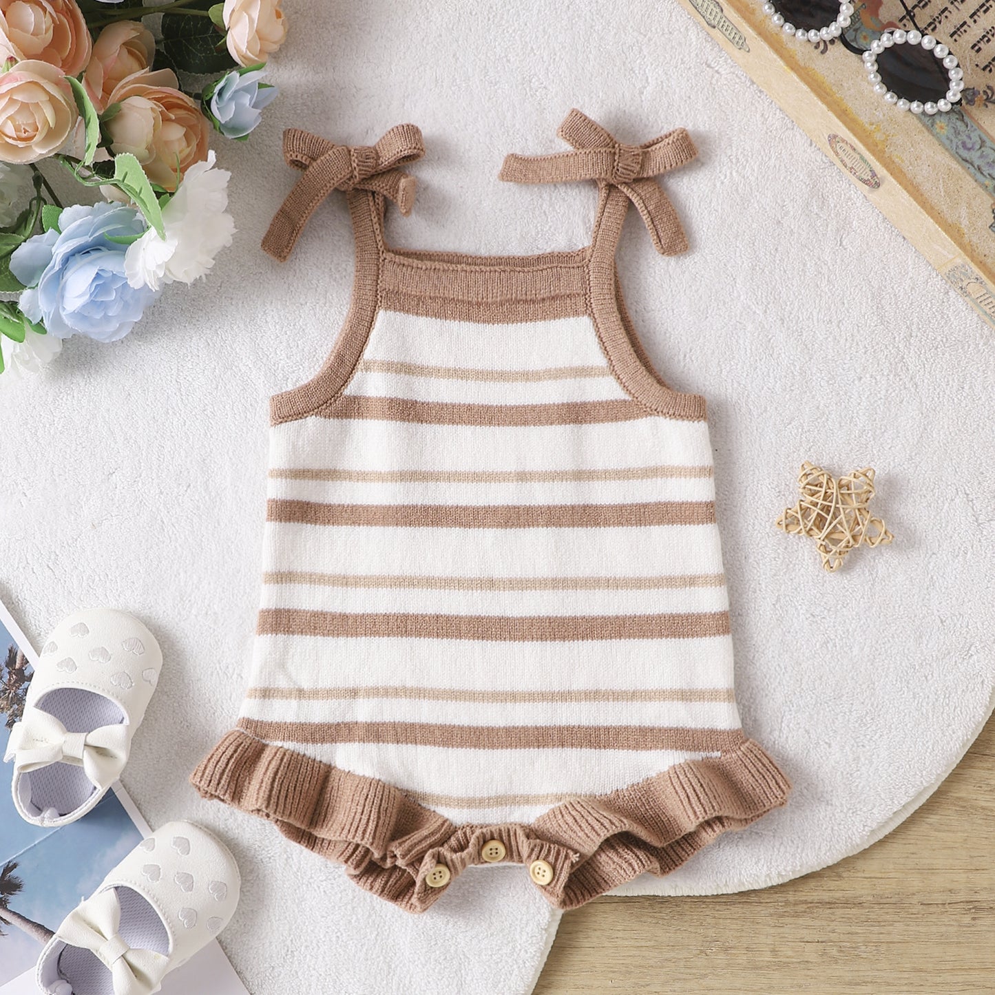 Infant Spring And Autumn Cute Stripes Easy Matching Sling Bow Jumpsuit
