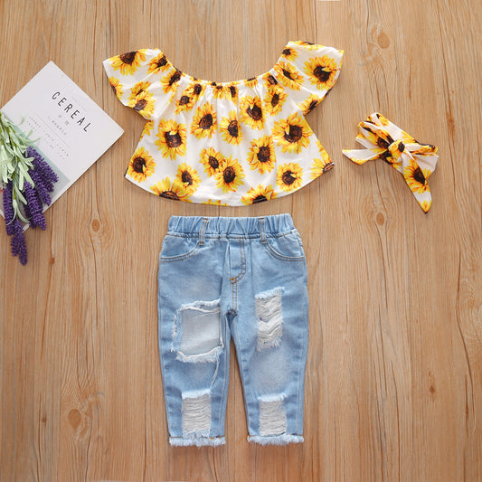 Broken Holes Pants Headscarf Three-piece Set