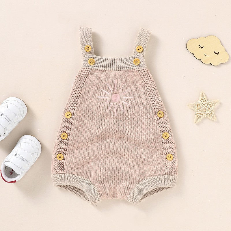 Ins Hot Fall New Baby Sunflower Embroidered Straps Knitted Jumpsuit