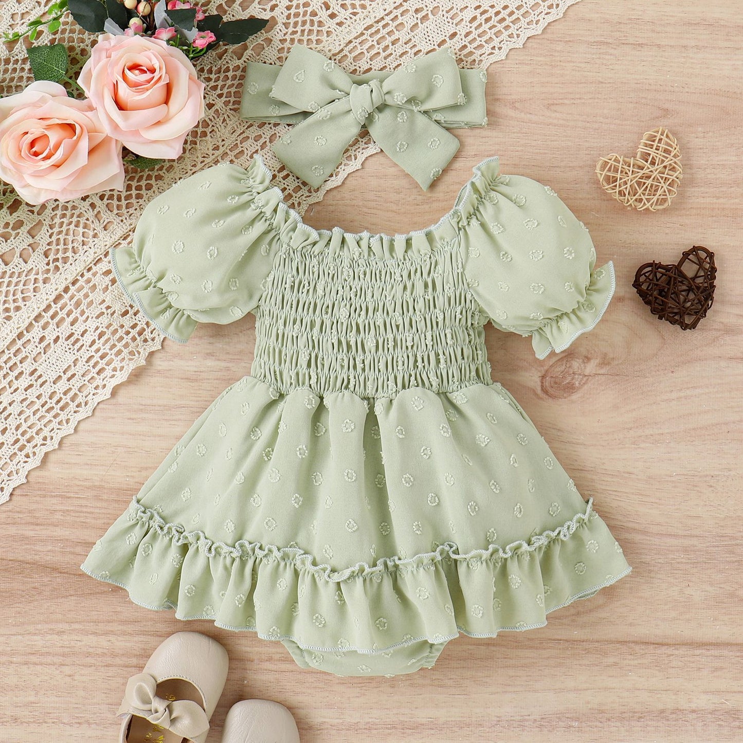 Three-color Jacquard Skirt Cute Puff Sleeve One-piece Rompers Jumpsuit With Headscarf
