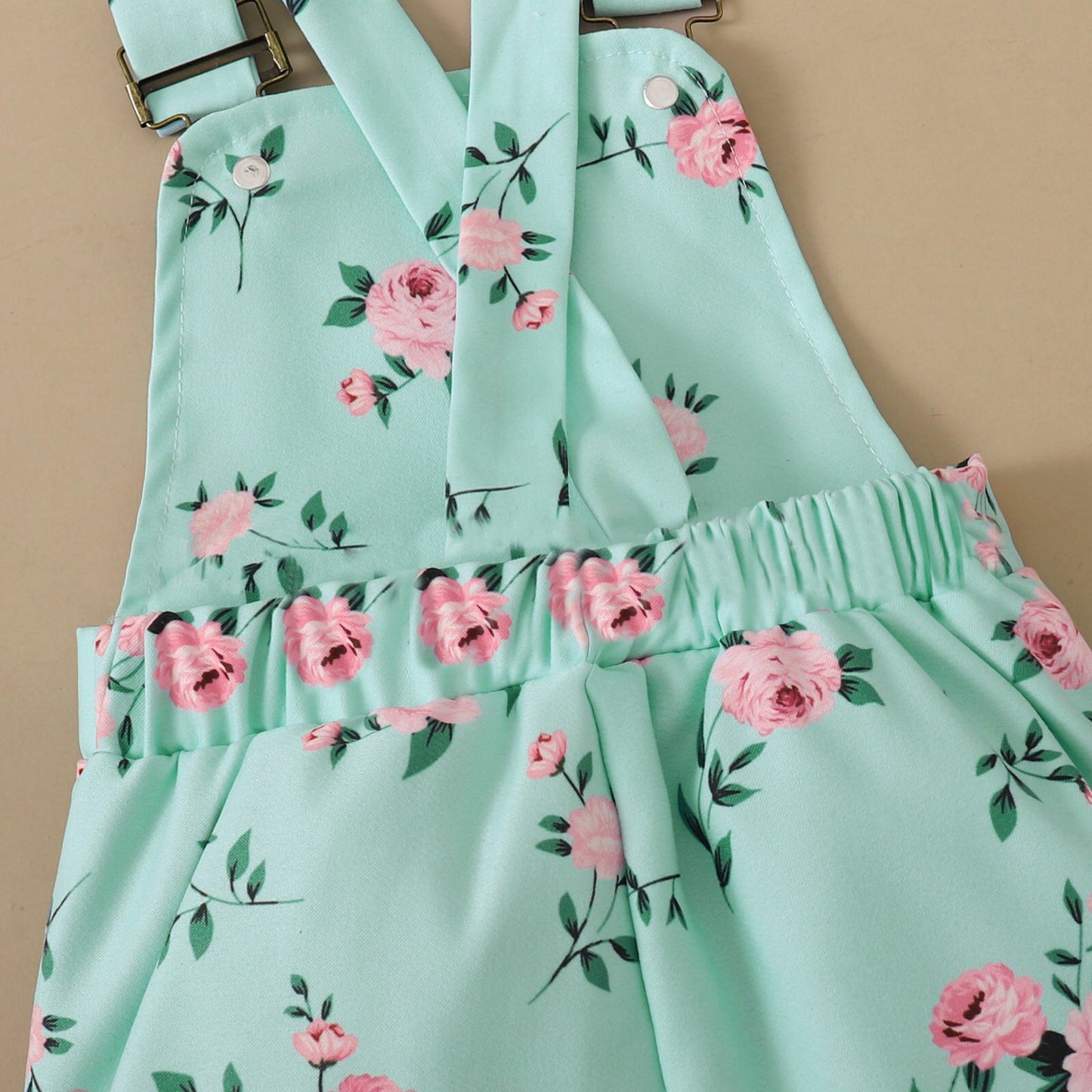 Short Sleeve Flounced Sleeve T-shirt Floral Suspender Pants Suit