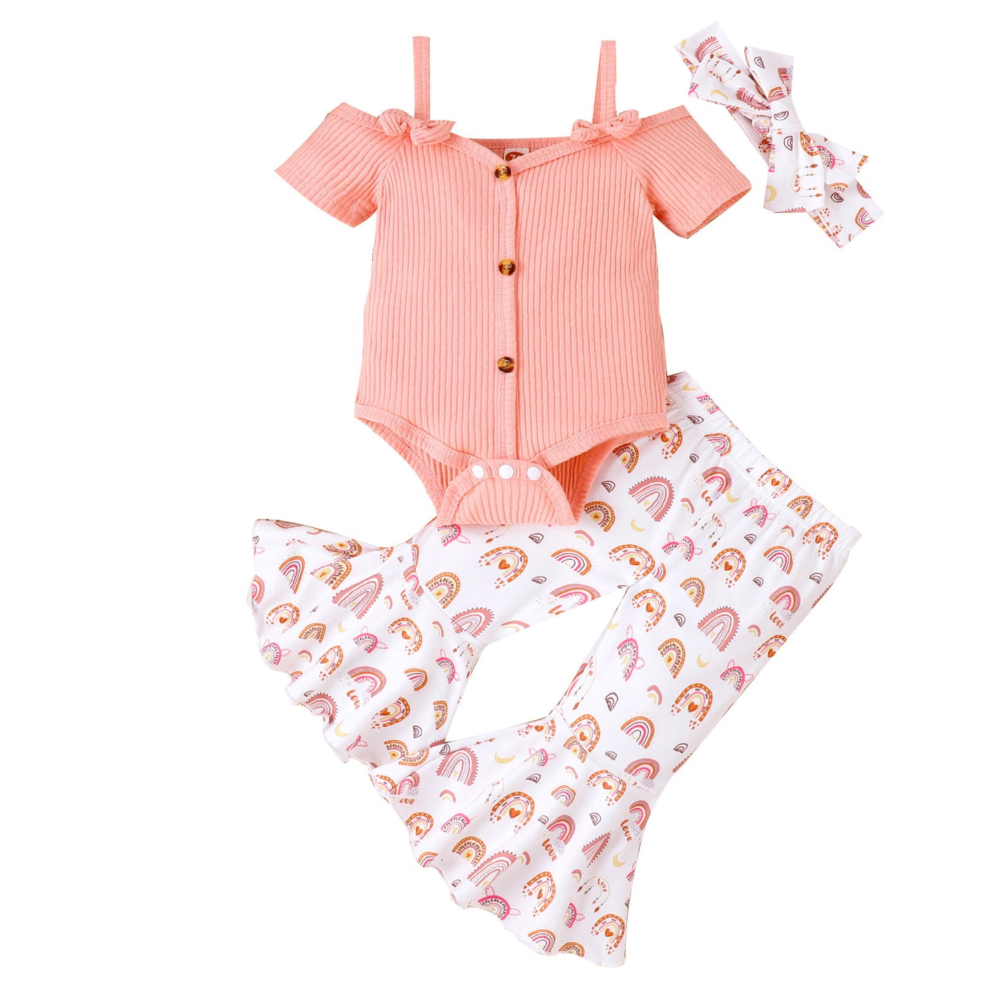 Girls' Short-sleeved Shirt Bell-bottom Pants Three-piece Set
