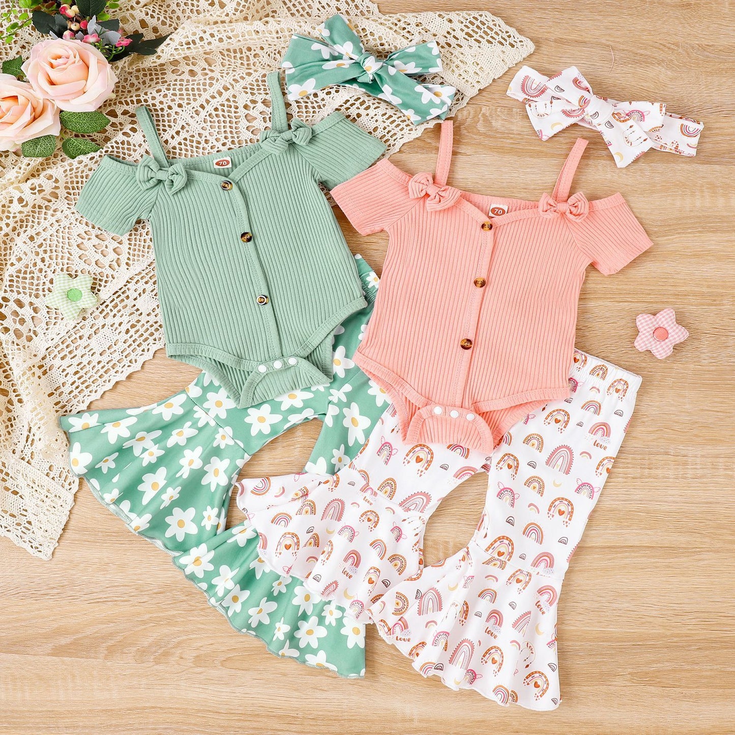 Girls' Short-sleeved Shirt Bell-bottom Pants Three-piece Set