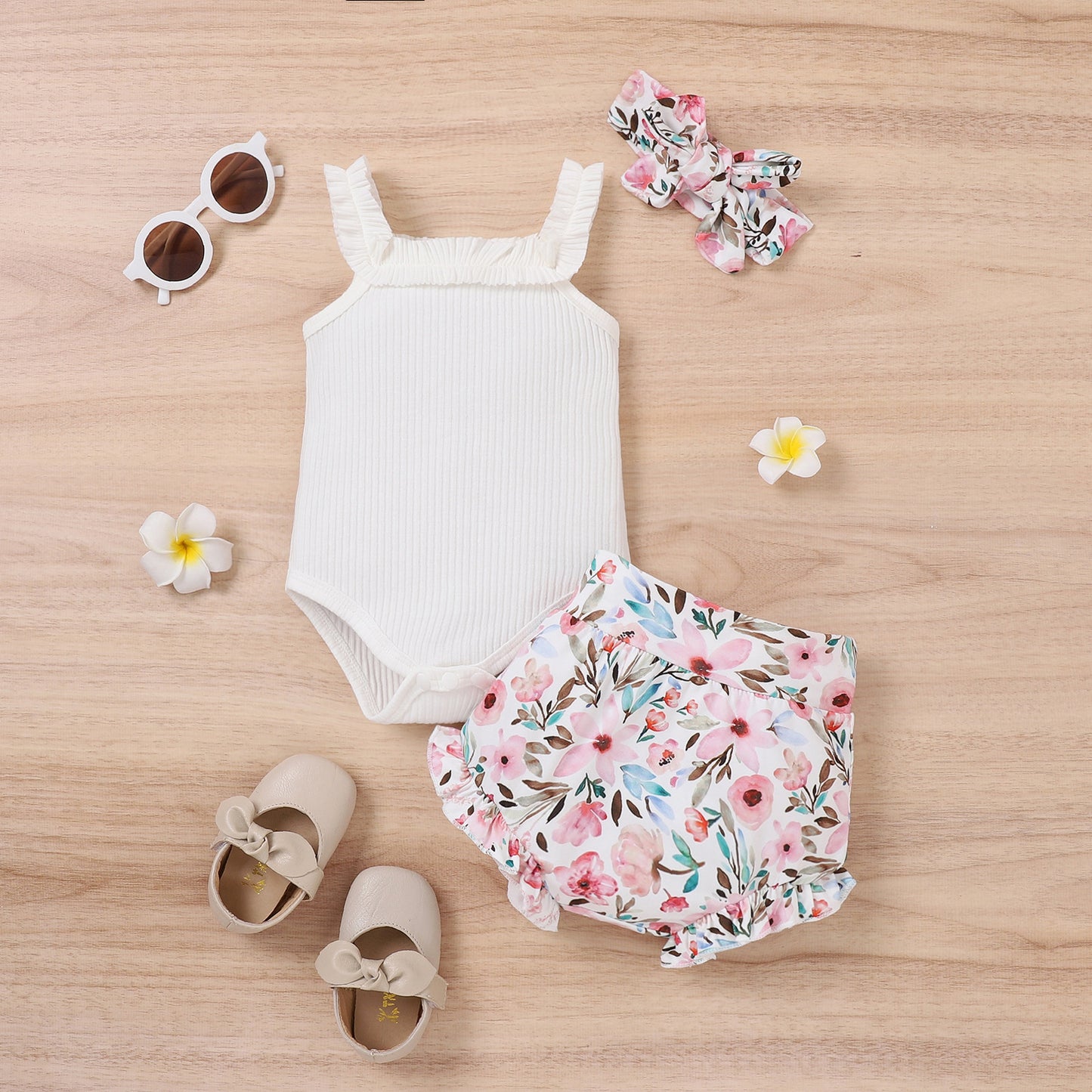 Girls' Vest Onesie Shorts Three-piece Set