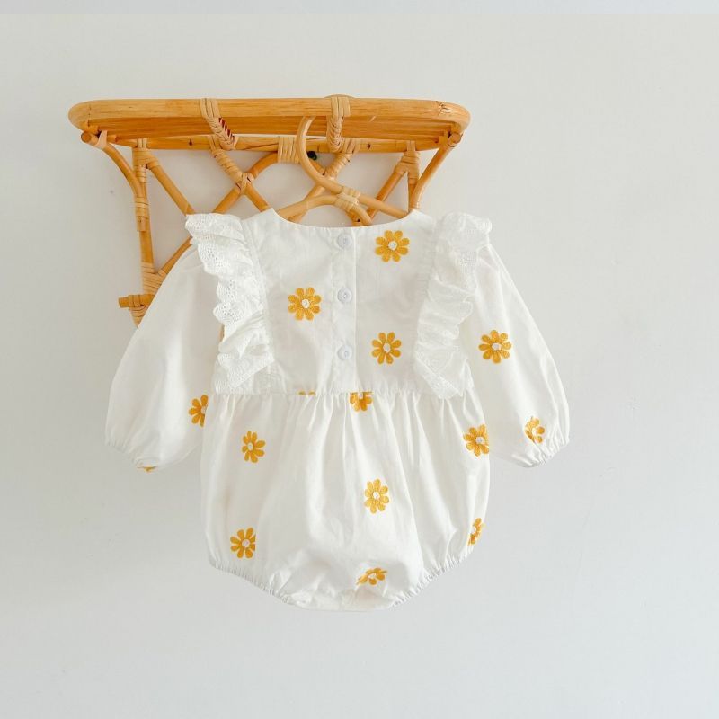 Sweet Daisies Embroidery Rompers Long Sleeve Onesie