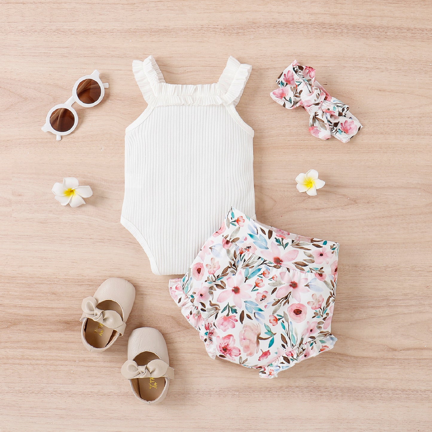 Girls' Vest Onesie Shorts Three-piece Set