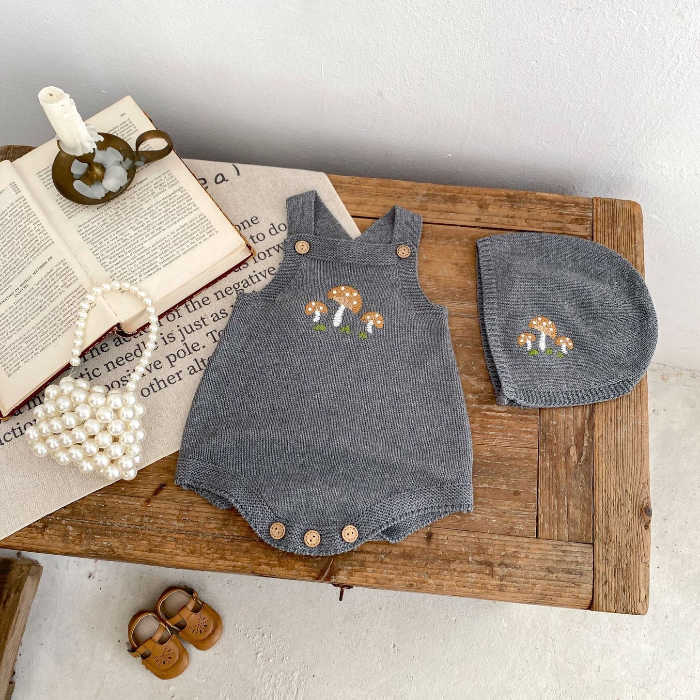 Baby Boys And Girls Mushroom Embroidered Romper Embroidered Hat