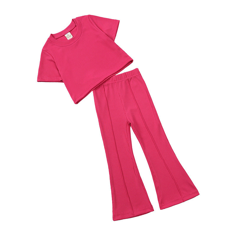 Girls' Short-sleeved Shirt Bell-bottom Pants Two-piece Set