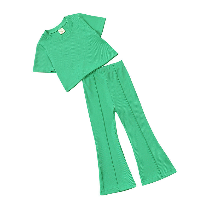 Girls' Short-sleeved Shirt Bell-bottom Pants Two-piece Set