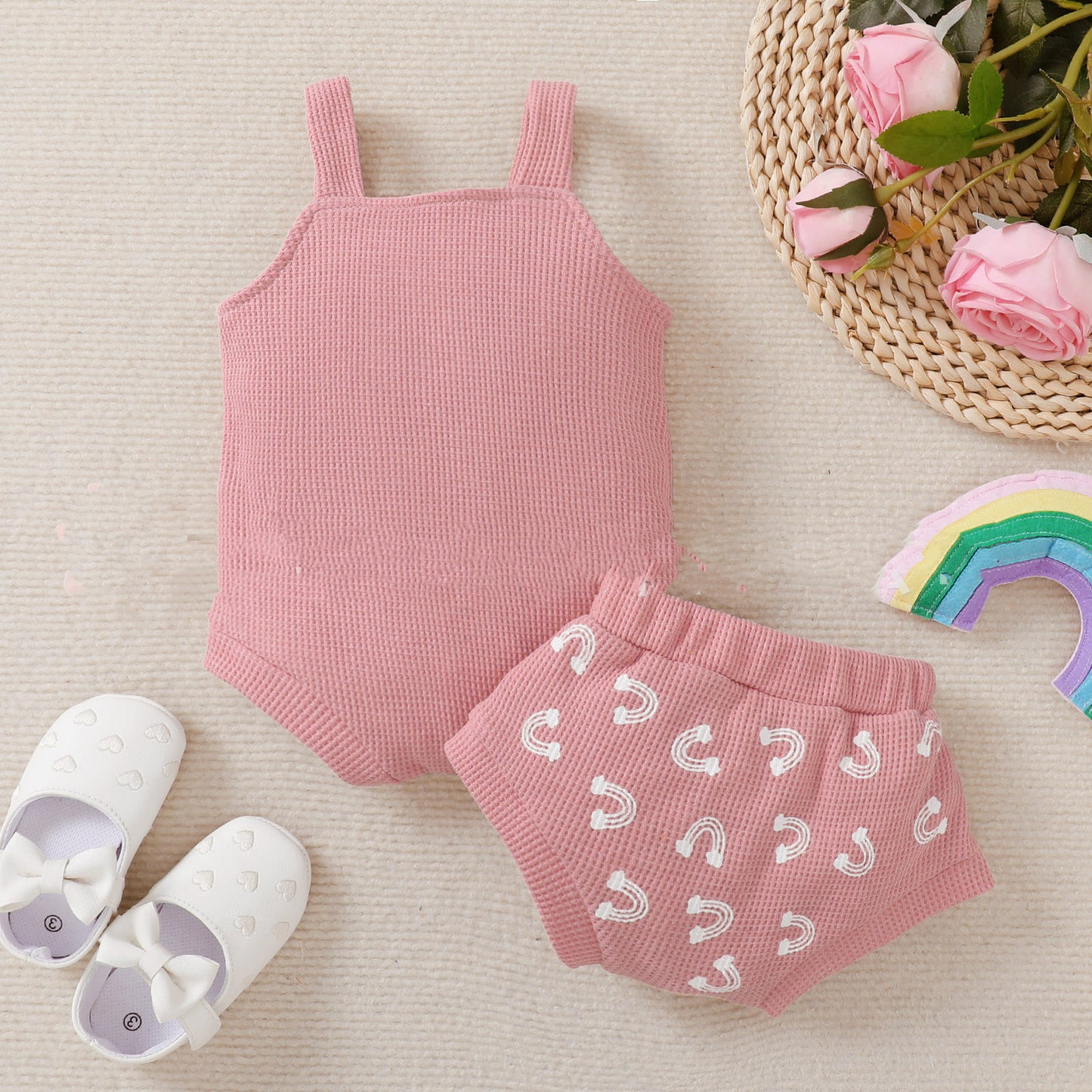 Rainbow Element Waffle Sleeveless Top And Shorts Set