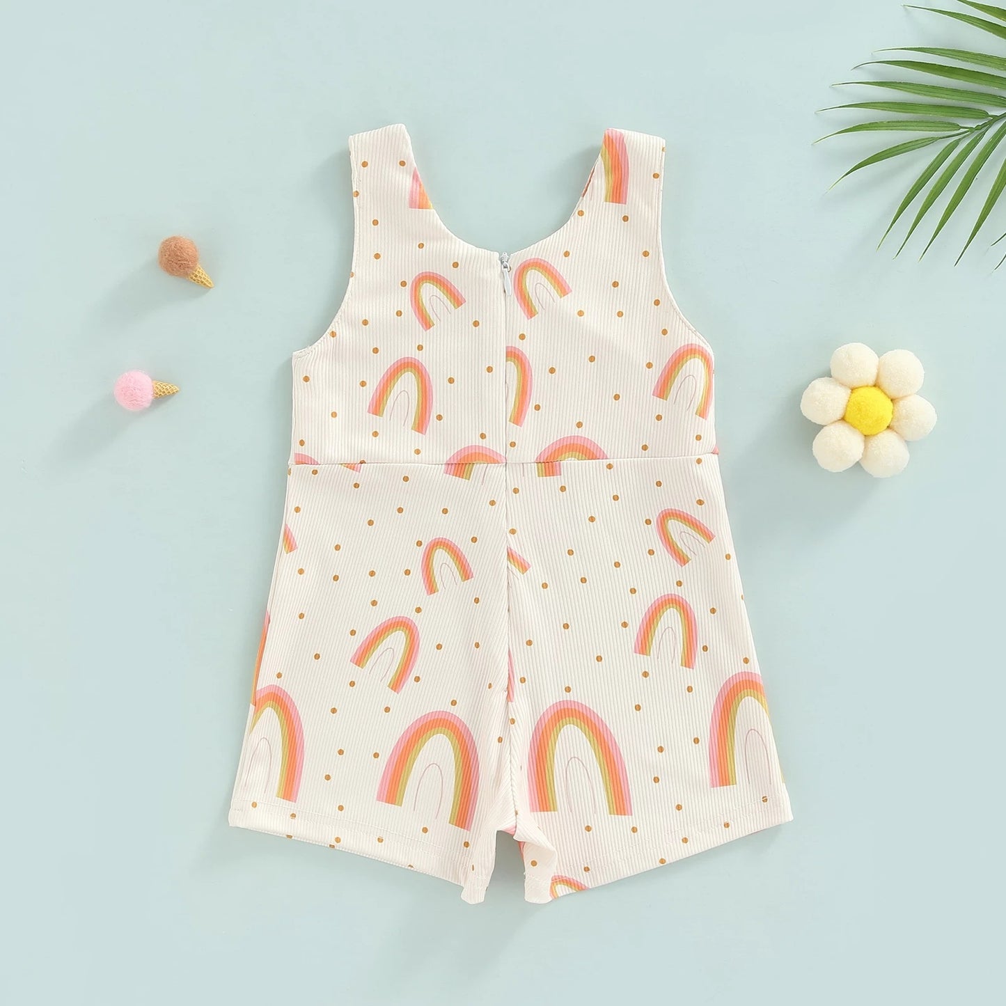 Strap Zipper Rainbow Sunken Stripe Flower Jumpsuit Romper