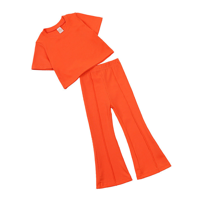 Girls' Short-sleeved Shirt Bell-bottom Pants Two-piece Set