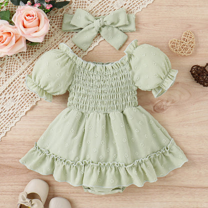 Three-color Jacquard Skirt Cute Puff Sleeve One-piece Rompers Jumpsuit With Headscarf