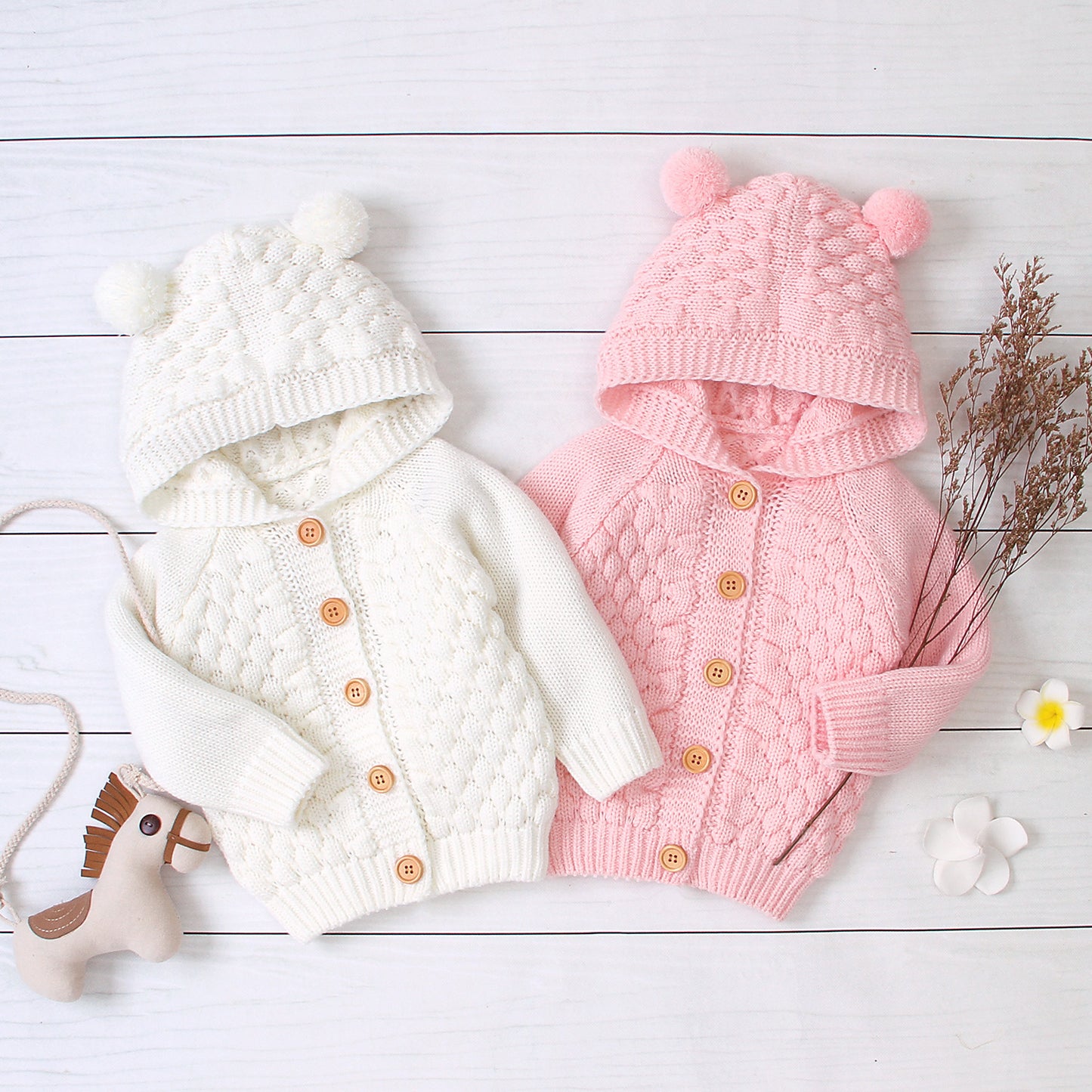Wool ball hooded knitted jacket