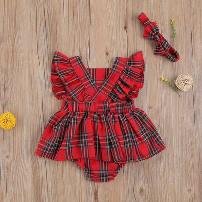 Infant Toddler Summer Stripes Flounced Sleeve Dress Girls' Christmas Plaid Romper