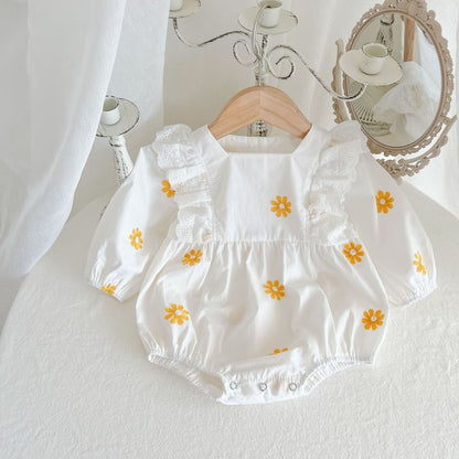 Sweet Daisies Embroidery Rompers Long Sleeve Onesie