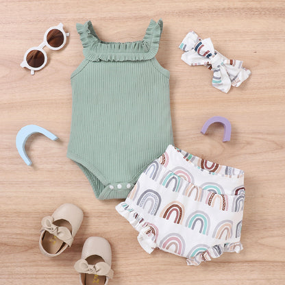 Girls' Vest Onesie Shorts Three-piece Set
