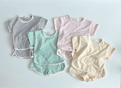 Breathable Stripes Homewear Short Sleeve Shorts Outwear Children's Clothing
