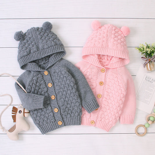 Wool ball hooded knitted jacket