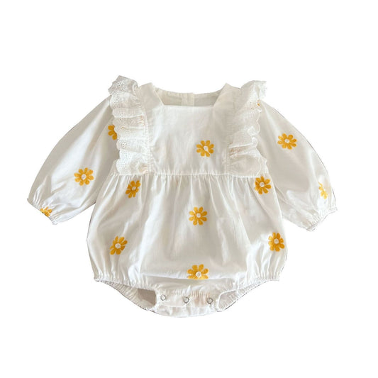 Sweet Daisies Embroidery Rompers Long Sleeve Onesie