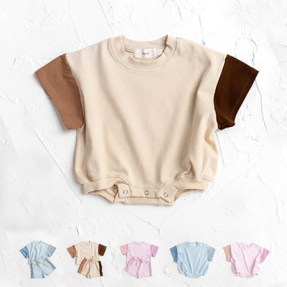 Baby Boy Solid Color Stitching Triangle Short-sleeved Jumpsuit