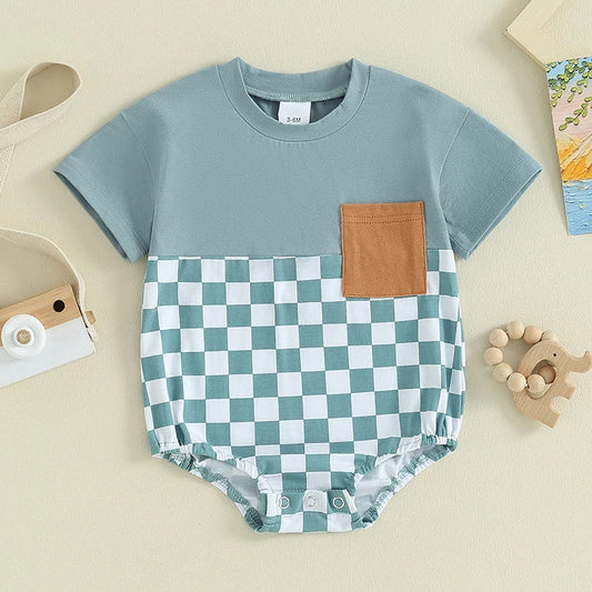 Baby Summer Jumpsuit Waffle Patchwork Pocket Short Sleeve