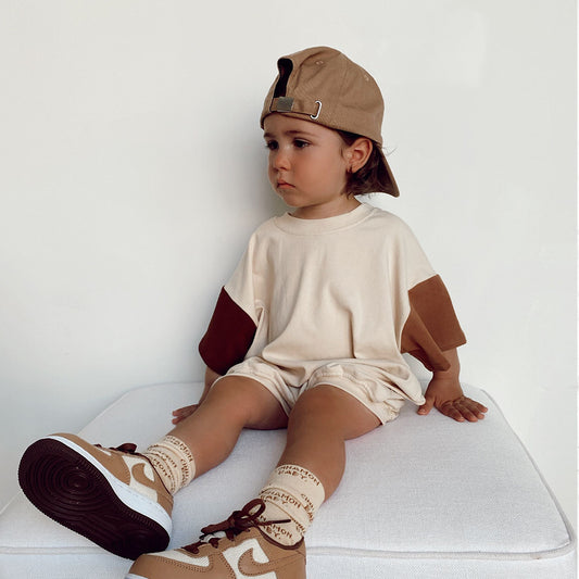 Baby Boy Solid Color Stitching Triangle Short-sleeved Jumpsuit
